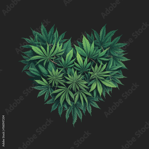 Vector Illustrated Detailed Cannabis Plant shaped into the form of a heart