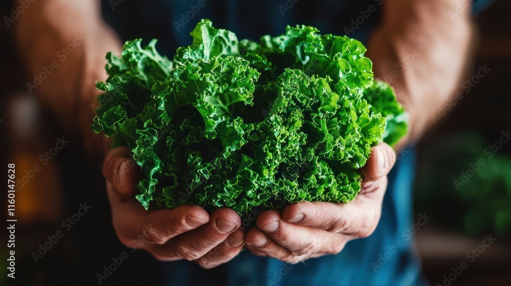 Farmer's hands holding fresh, vibrant kale. Farmer's hands holding fresh, vibrant kale.