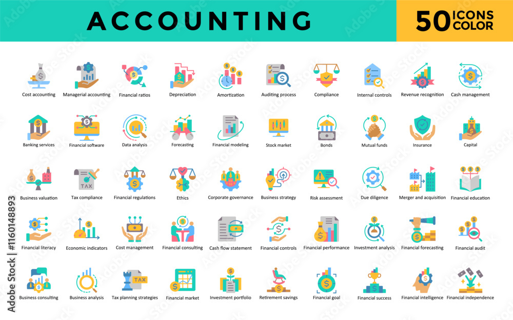 Accounting icon set with cost accounting, managerial accounting, financial ratios, depreciation, amortization, auditing process, compliance icon. Simple flat color vector
Accounting icon set with cost accounting, managerial accounting, financial ratios, depreciation, amortization, auditing process, compliance icon. Simple flat color vector