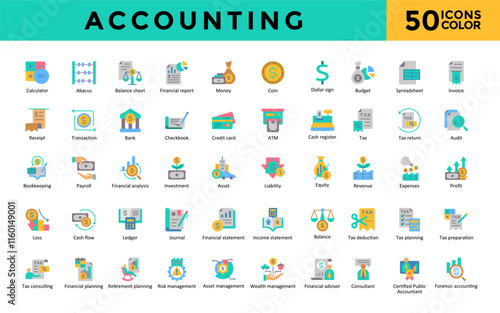 Accounting icon set with calculator, abacus, balance sheet, financial report, money, coin, dollar sign, budget, spreadsheet, invoice icon. Simple flat color vector 
