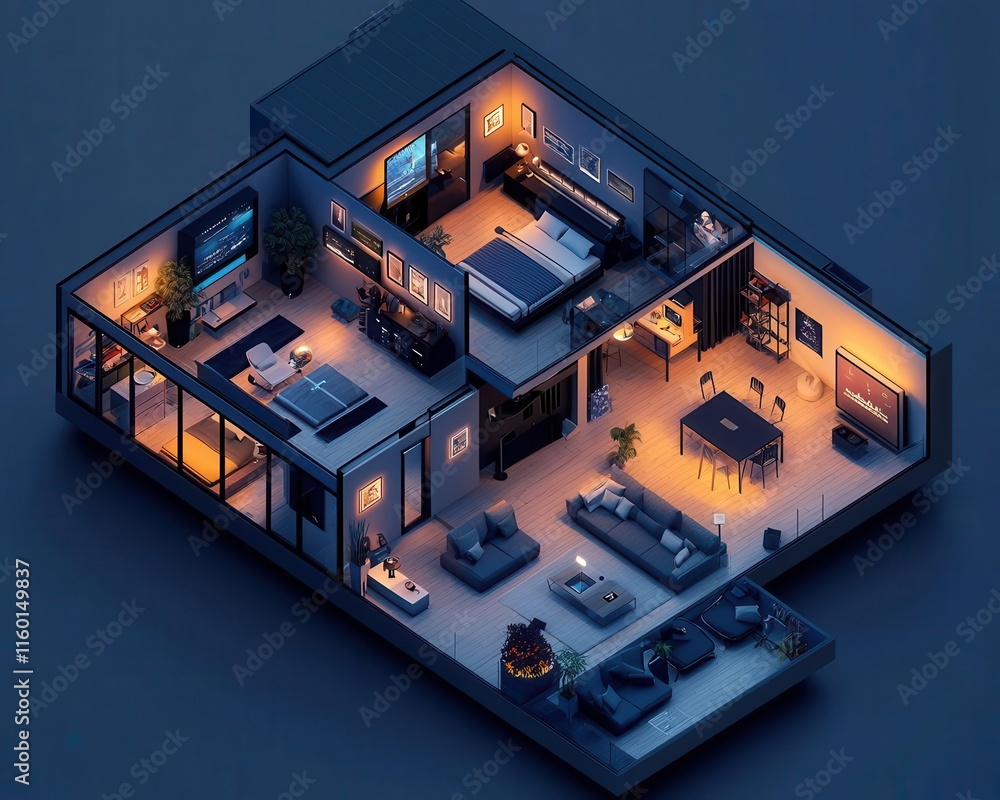 Isometric cutaway of a smart apartment highlighting voicecontrolled security and lighting systems Isometric cutaway of a smart apartment highlighting voicecontrolled security and lighting systems