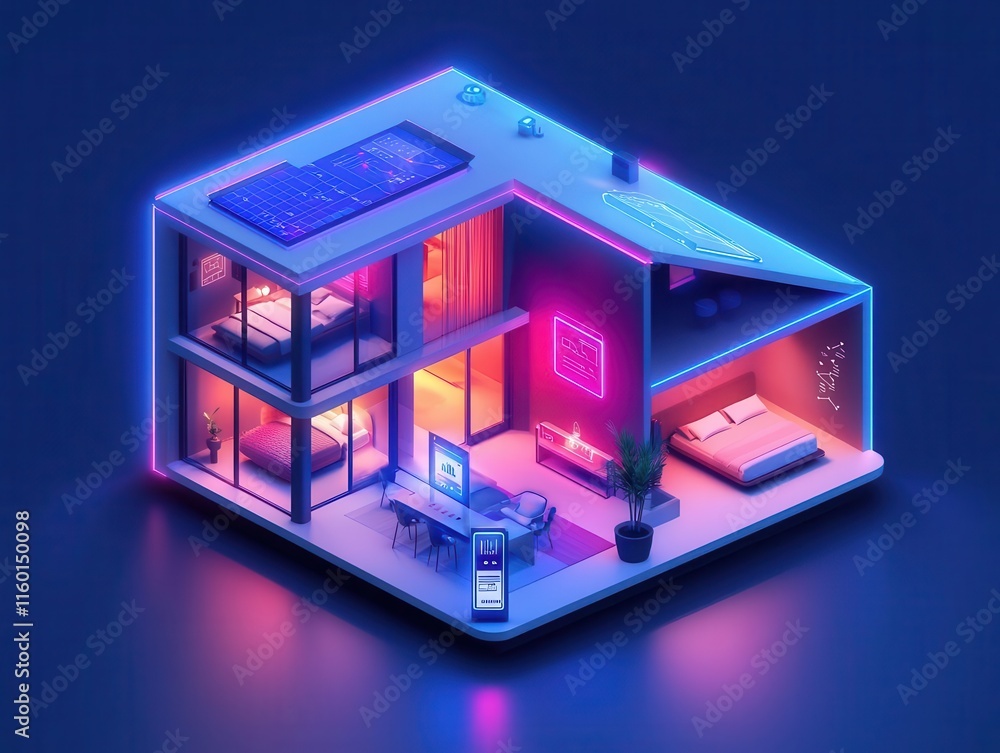 Isometric smart apartment featuring touchscreen control panels for home automation Isometric smart apartment featuring touchscreen control panels for home automation