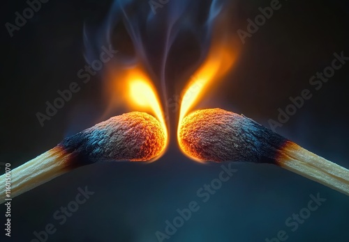 Two lit matches facing each other, with the flames of one match illuminating and reflecting on the other match. The lighting is dramatic and focused on their faces.