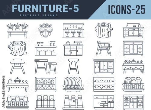 Furniture Icons sat. Vector illustration in modern thin line style of Furniture icons.