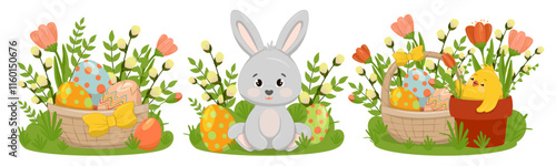 Three illustrations with a rabbit, a chick, painted eggs in a basket and spring flowers. Easter children s stories. Vector illustration for a poster, greeting card or invitation, labels or tags