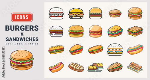 Borders & sandwiches food Icons sat. Vector illustration in modern thin line style of borders & sandwiches food icons.