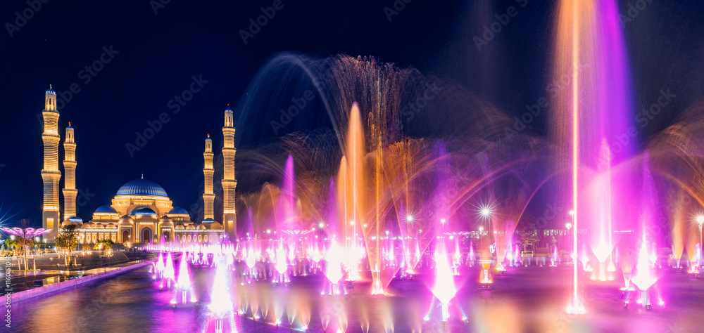 Fototapeta premium Landscape muslim Grand white mosque night light, Astana, Nur Sultan Kazakhstan