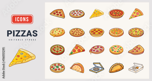 Pizzas Icons sat. Vector illustration in modern of Pizzas icons.