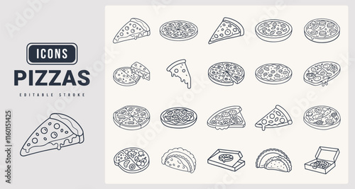 Pizzas Icons sat. Vector illustration in modern thin line style of Pizzas icons.