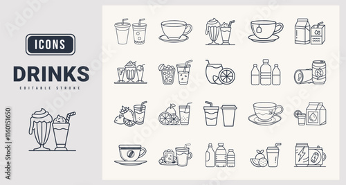 Drinks icons sat. Vector illustration in modern thin line style of drinks icons.