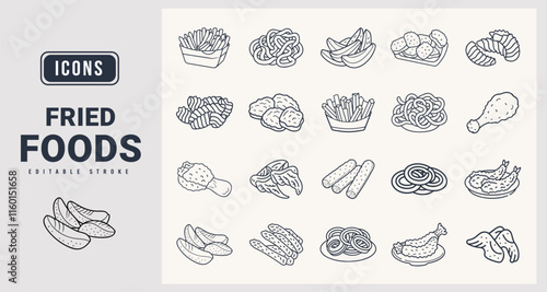 Fried foods Icons sat. Vector illustration in modern thin line style of fried foods icons.