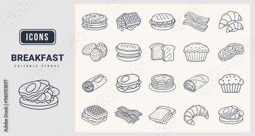 Breakfast icons sat. Vector illustration in modern thin line style of breakfast icons.