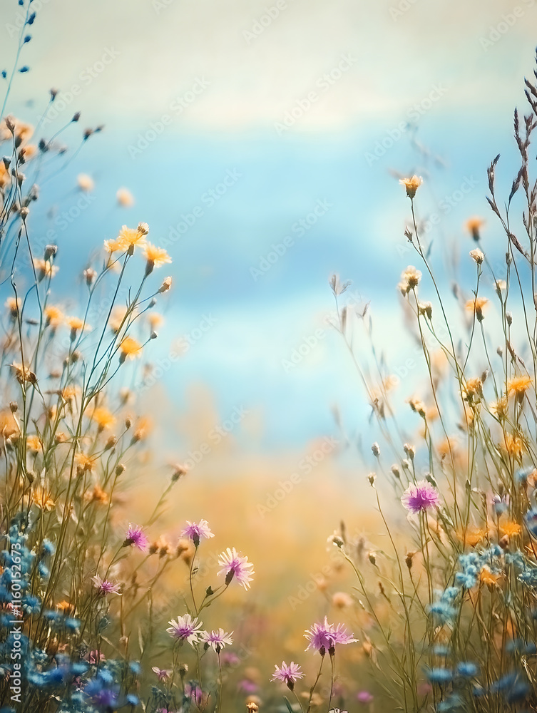 Fototapeta premium Dreamy Sunlit Meadow with Colorful Wildflowers and Soft Pastel Sky Background : Generative AI
