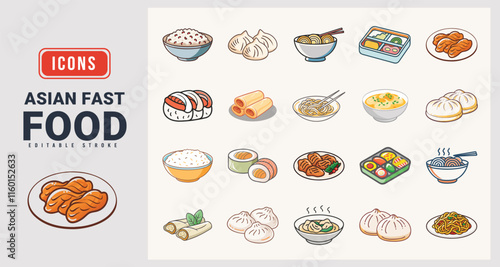 Asian Fast Food icons sat. Vector illustration in modern style of Asian Fast Food icons.