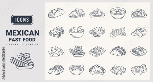 Mexican fast food Icons sat. Vector illustration in modern thin line style of office Mexican fast food icons.