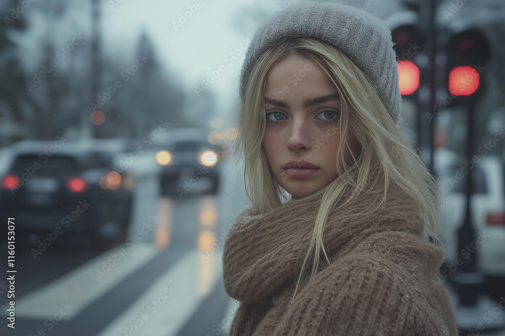 A woman wearing a brown hat and scarf stands in the rain on a city street Generative Ai. A woman wearing a brown hat and scarf stands in the rain on a city street Generative Ai.