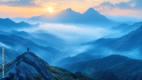 Solitary figure on misty mountain peak, sunrise.