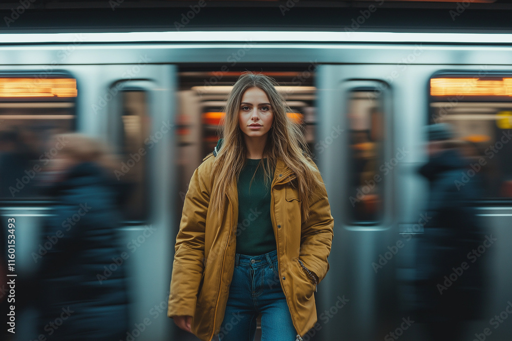 A woman stands in front of a train with her back to the camera Generative Ai. A woman stands in front of a train with her back to the camera Generative Ai.