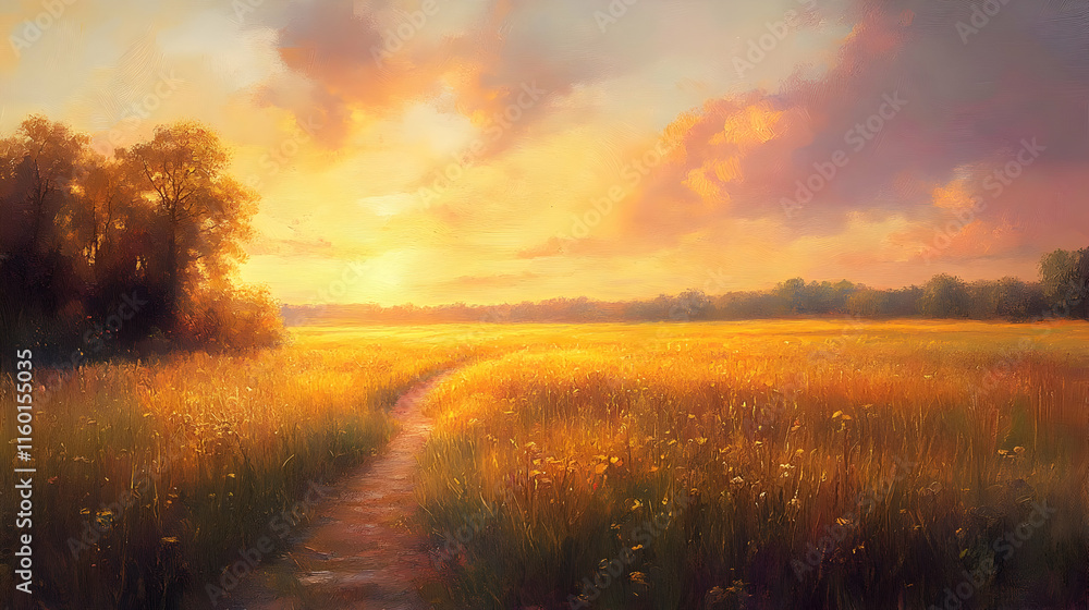 A serene sunset over a golden field with a winding path, evoking tranquility and nature's beauty. A serene sunset over a golden field with a winding path, evoking tranquility and nature's beauty.