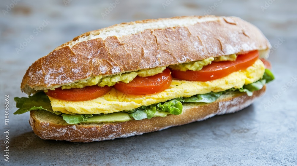Fresh baguette sandwich with eggs, tomatoes, and avocado on rustic background Fresh baguette sandwich with eggs, tomatoes, and avocado on rustic background