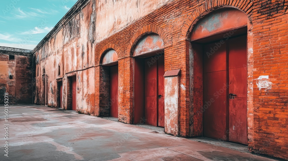 A row of weathered brick walls with arched doorways, showcasing rustic architecture. A row of weathered brick walls with arched doorways, showcasing rustic architecture.