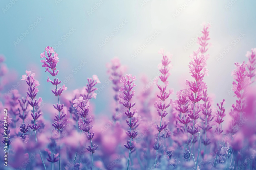 A field of purple flowers with a blue sky in the background Generative Ai. A field of purple flowers with a blue sky in the background Generative Ai.