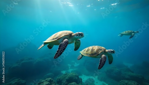 A diver observes a green sea turtle swimming gracefully underwater in a tropical coral reef photo