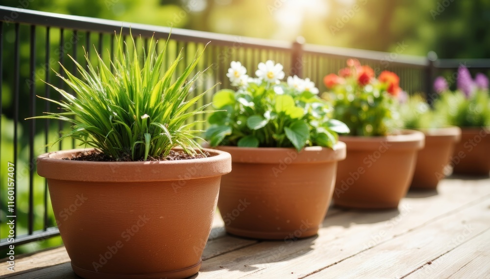Potted plants arranged on wooden deck in sunlight Potted plants arranged on wooden deck in sunlight