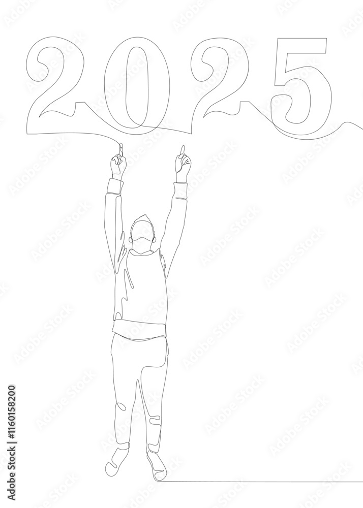 One continuous line of Man pointing with finger at number 2025. Thin Line Illustration vector concept. Contour Drawing Creative ideas.