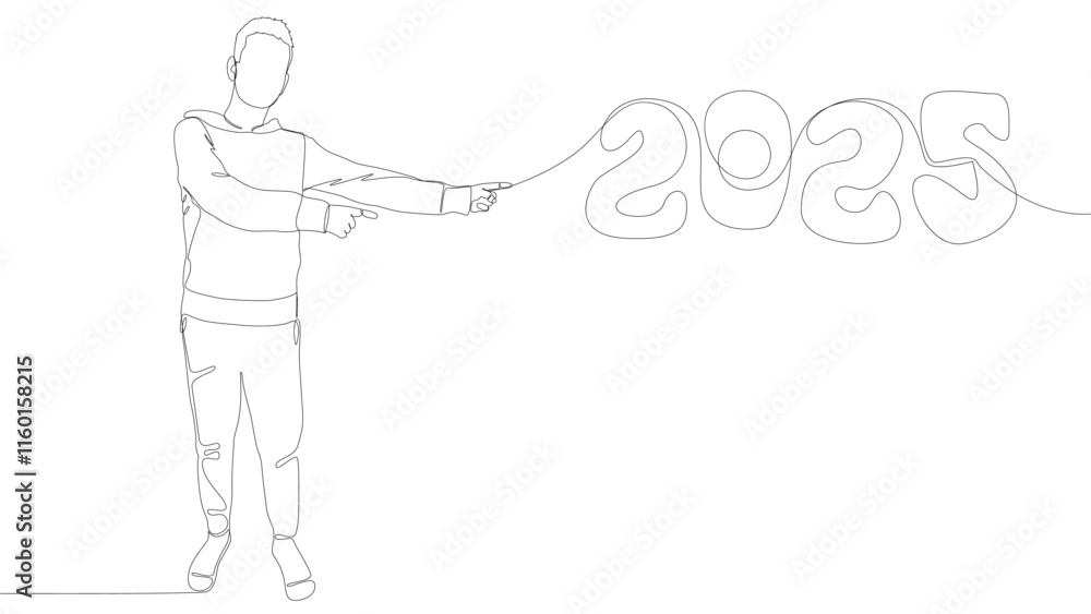 One continuous line of Man pointing with finger at number 2025. Thin Line Illustration vector concept. Contour Drawing Creative ideas. One continuous line of Man pointing with finger at number 2025. Thin Line Illustration vector concept. Contour Drawing Creative ideas.
