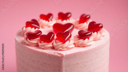 Happy Valentine's Day, a heart-shaped Valentine's Day cake topped with vibrant red heart-shaped jellies and swirls of rich cream