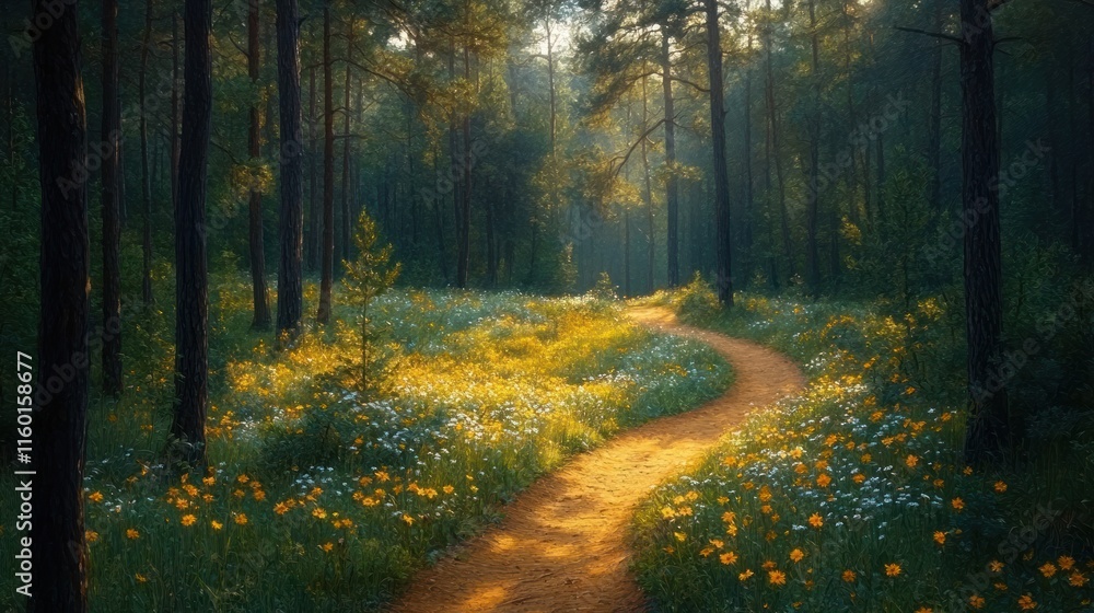 Obraz premium Sunlit path winds through blooming forest.