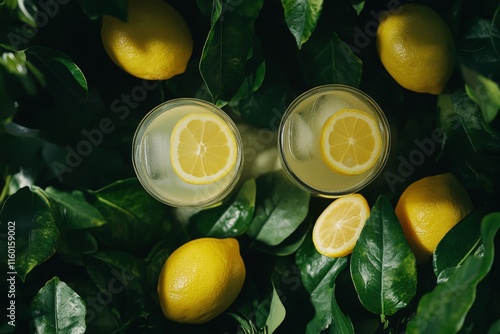 Fresh lemonade drinks with lemons and green leaves in sunlight photo