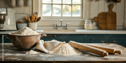 A cozy traditional kitchen with a baking scene, flour, and rolling pins ready for homemade treats. 