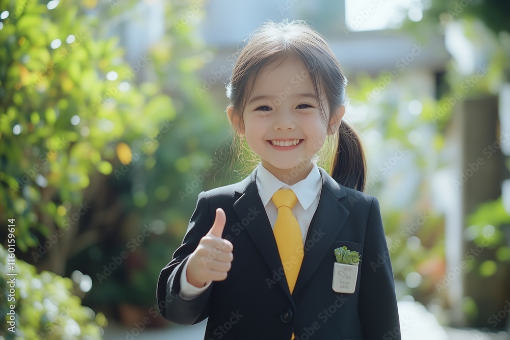 A smiling Asian schoolgirl in a uniform with a yellow tie, outdoors in natural light. Korean or Japanese student showcasing confidence.


