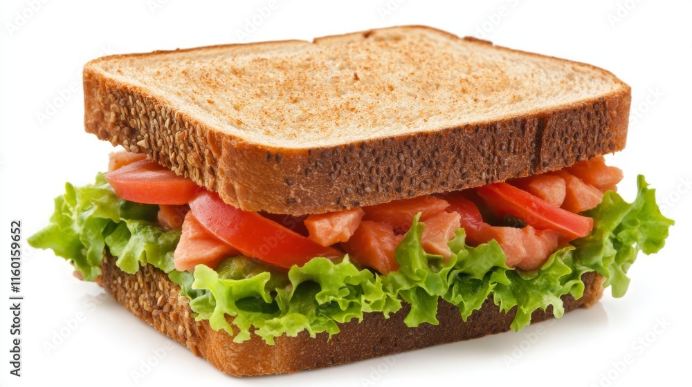 Fresh salmon and lettuce sandwich with tomato and whole wheat bread Fresh salmon and lettuce sandwich with tomato and whole wheat bread
