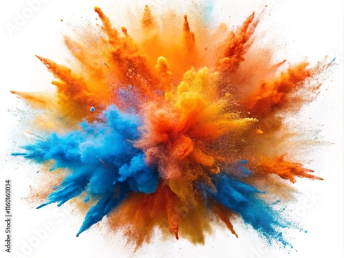 Orange And Blue Color Powder Pulver Explosion Isolated On A White Background
