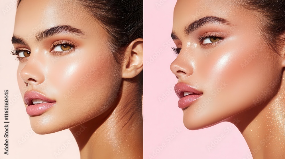 Before to after Cheeks lifted with a rosy blush and topped with a golden highlighter for an elegant glow Before to after Cheeks lifted with a rosy blush and topped with a golden highlighter for an elegant glow