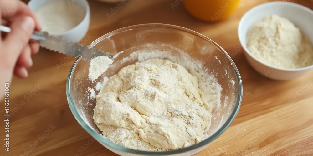 A person following a baking tutorial, measuring flour and preparing dough for homemade bread. 