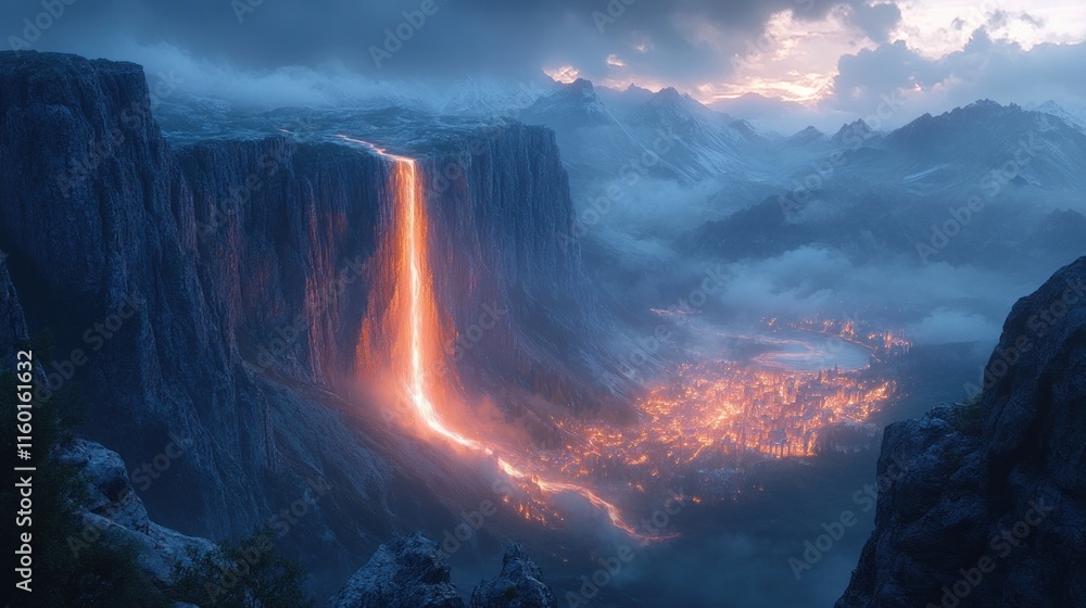 Fototapeta premium Lava waterfall flows into illuminated valley city.