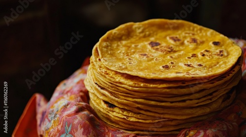 Golden stack of freshly cooked traditional indian flatbreads on colorful cloth photo