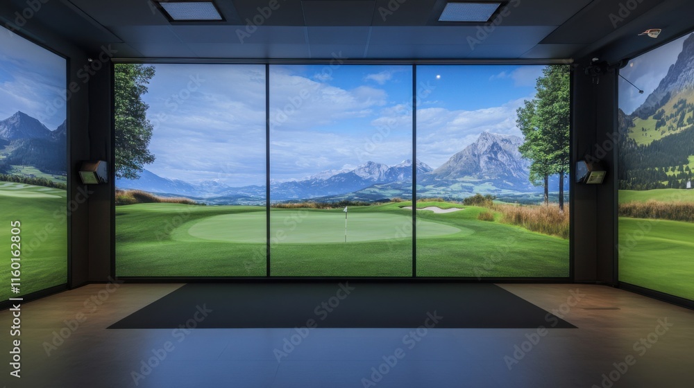 Obraz premium A high-tech golf simulator room with panoramic views, Virtual fairways on immersive screens, Futuristic gaming style