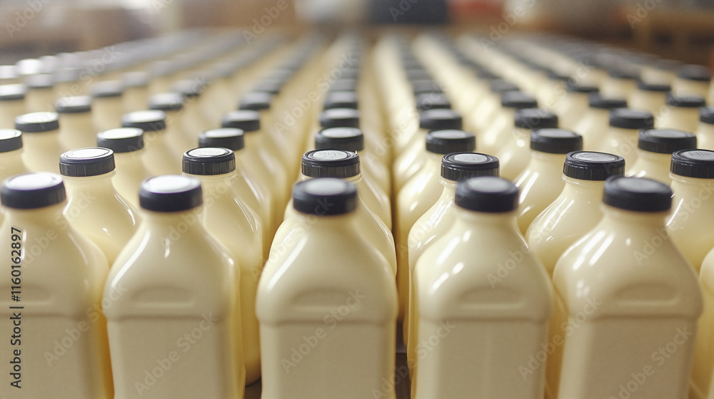 Close-Up of Milk Cartons on Production Line with Detailed Labels and Creamy Liquid Close-Up of Milk Cartons on Production Line with Detailed Labels and Creamy Liquid