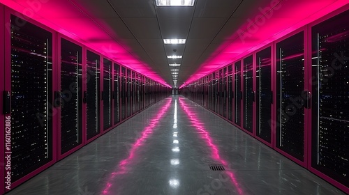 Pink Lit Server Room Corridor Modern Data Center photo