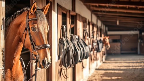 A lively equestrian stable with grooming tools and saddles, Equine care and horsemanship style, photo of