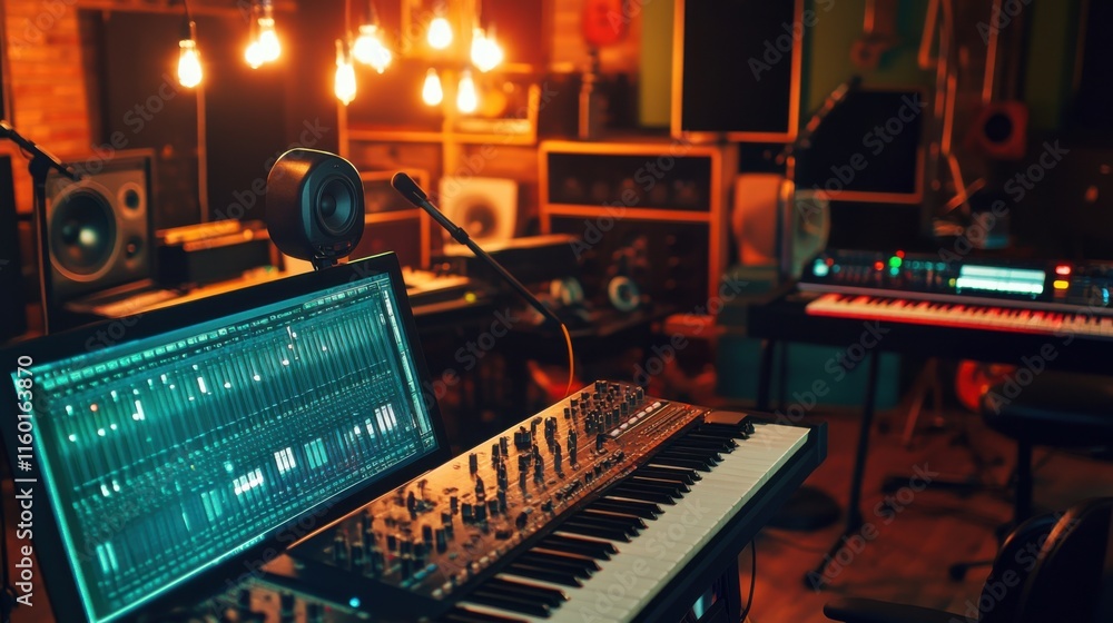 A lively music recording studio with musical instruments and recording equipment, Musical creativity production style, photo of A lively music recording studio with musical instruments and recording equipment, Musical creativity production style, photo of