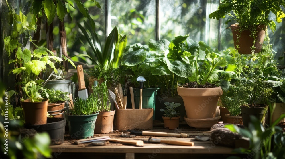 A meticulous gardening scene in a greenhouse oasis, Tools for plant care neatly arranged, Naturalistic botanical style