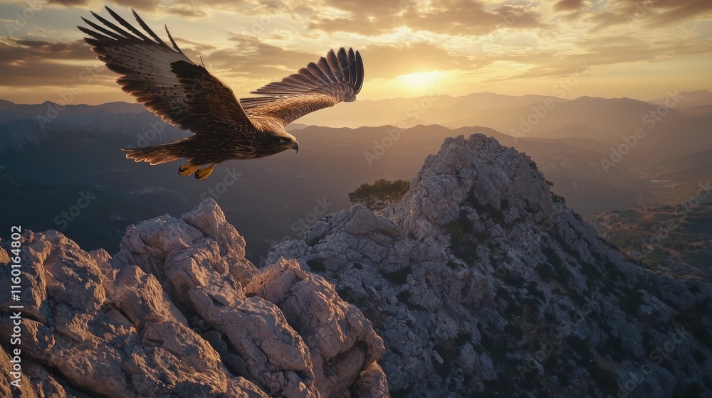 Fototapeta premium Majestic eagle soaring over rocky mountains at sunset.