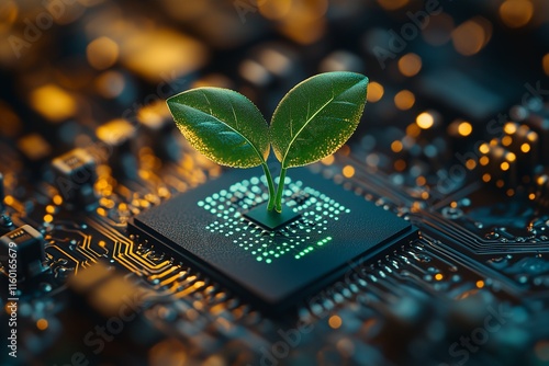 Green plant sprouting from a microcontroller on a circuit board, symbolizing eco-friendly technology, sustainability, and innovation in modern motherboard chip design.






