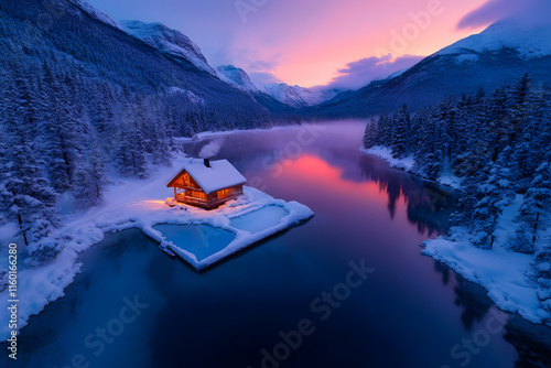 Idyllisches Holzchalet mit Kaminlicht am ruhigen alpinen See bei Sonnenuntergang im Winter
 photo